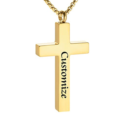 Dletay Cremation Necklace for Ashes Stainless Steel Cross Pendant Urn Necklace Memorial Keepsake Jewelry for Men Women - color: Gold-Custom