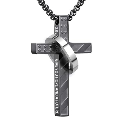 Cross Necklace for Men,Stainless Steel Ring Pendant Necklaces - color: black, style: 29:11 with ring