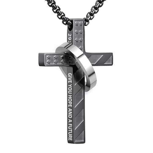 Cross Necklace for Men,Stainless Steel Ring Pendant Necklaces - color: black, style: 29:11 with ring