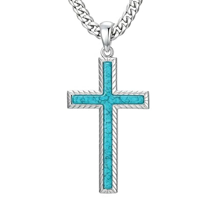 MRENITE Silver Natural Stone Cross Necklace, Classic Latin Cross Pendant Necklace for Unisex Women Man, Vintage Crystal Quartz Cross Necklace with 20+2 Inches Adjustable Cuban Chain - style: Turquoise