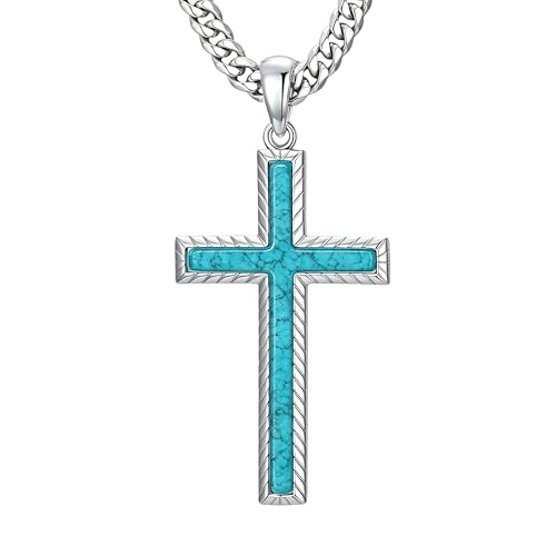 MRENITE Silver Natural Stone Cross Necklace, Classic Latin Cross Pendant Necklace for Unisex Women Man, Vintage Crystal Quartz Cross Necklace with 20+2 Inches Adjustable Cuban Chain - style: Turquoise
