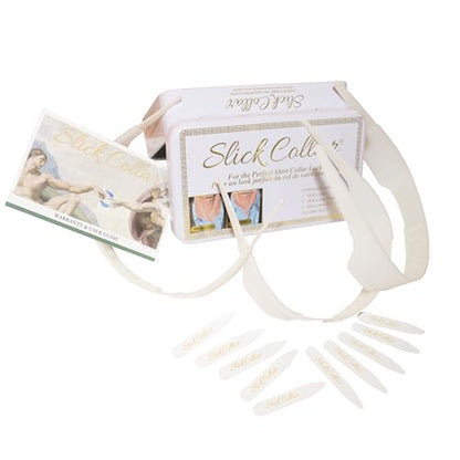 Slick Collar Shirt Collar Support System set with 3 adjustable, 10 premium Collar Stays & a Durable tin Travel EDC Box in White