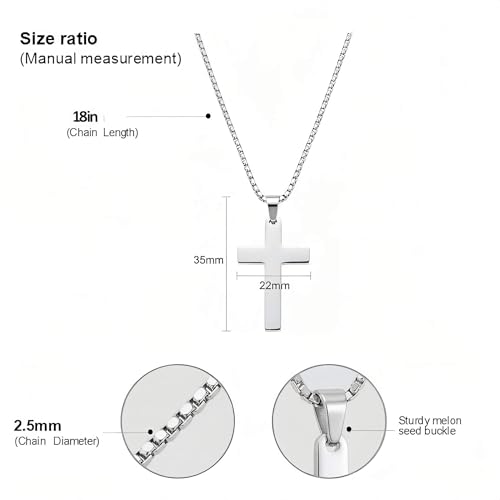 Stainless Steel Cross Necklace Unisex Box Chain 18-24in Faith Gift - size: 18"