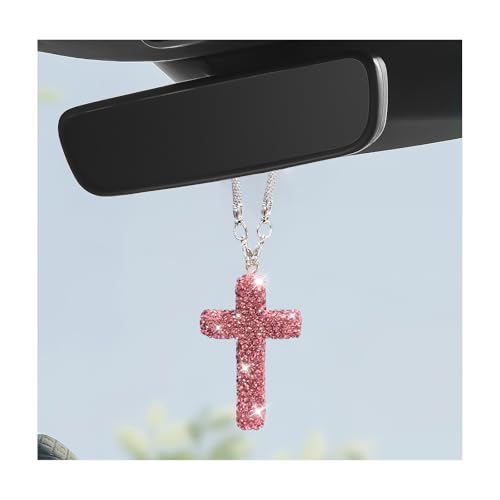 Cross Car Rearview Mirror Ornament, Shiny Rhinestone Cross Auto Rear View Mirror Pendant, Bling Religious Charms Interior Decor for Most Vehicles Rearview Mirrors (Pink) - color: Pink