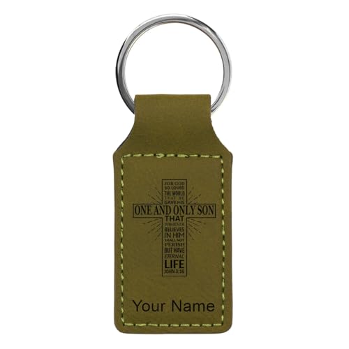 LaserGram Rectangle Keychain, Bible Verse John 3-16, Personalized Engraving Included - color: Camo Green