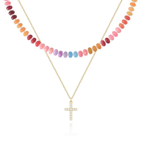 Zeffy Cross Necklace for Women,18K Gold/Silver Plated Tiny Cubic Zirconia Cross Pendant Necklace for Women Simple Layered Cross Necklaces for Women - color: CZ Cross&Colorful Gemstone