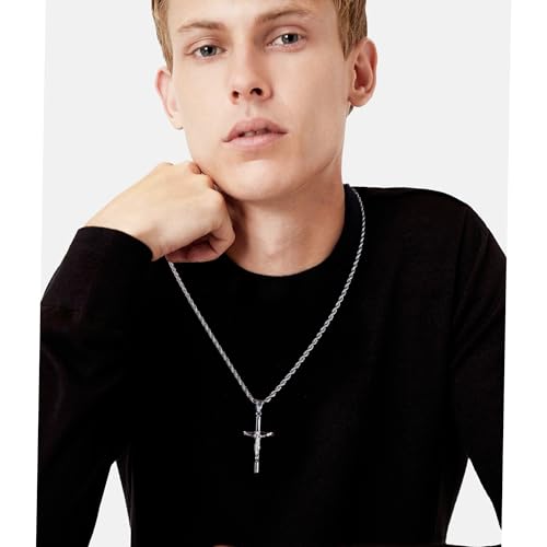 ALEXCRAFT Sterling Silver Plated Cross Necklace for Men Gold Plated Cross Necklaces for Women Trendy Stainless Steel Crucifix Pendant with 3mm 21inch Rope Chain - color: Silver-21in