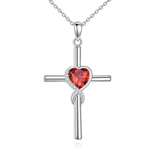 S925 Sterling Silver Cross Necklace for Women Birthstone Necklace Heart Infinity Cross Pendant Necklace Christmas Valentines Day Gifts Birthday Holiday Gifts for Her, 18"+2" Inches - color: 01-Jan Birthstone - Garnet