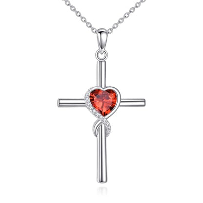 S925 Sterling Silver Cross Necklace for Women Birthstone Necklace Heart Infinity Cross Pendant Necklace Christmas Valentines Day Gifts Birthday Holiday Gifts for Her, 18"+2" Inches - color: 01-Jan Birthstone - Garnet