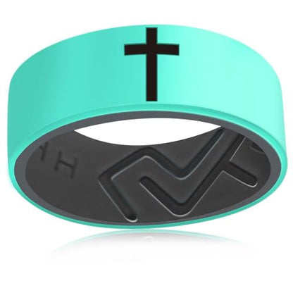 XAHH 2PCS Silicone Ring Set for Men Women,Classical Simple Christian Cross Religious Couple Rubber Wedding Bands - style: Green Blue