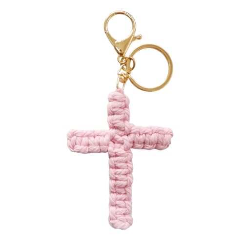 Pingyongchang Handmade Weave Cross Keychain Boho Macrame Jesus Christian Charm Keychain for Women Men - color: Pink