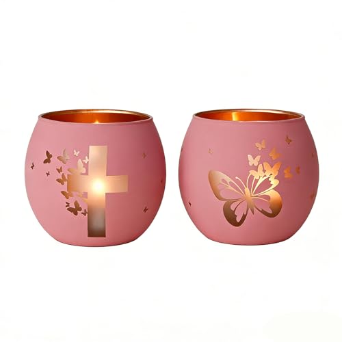 Religious Gifts for Women & Girls, Set of 2 Pink Butterfly Cross Tealight Candle Holders for Table Decor, Christian Baptism, Confirmation, Memorial, Easter Gift