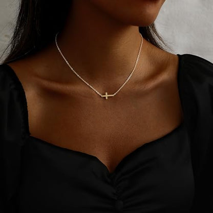 Cross Necklace for Women 14K Gold Silver Plated Small Cross Necklace Dainty Cross Pendant Choker Simple Trendy Cute Sideway Cross Charm Chain Necklaces for Women Trendy Christian Baptism Religious Faith Jewelry Gifts - size: Gold-214