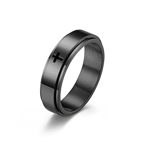 OIDIMS Minimalist Cross Christian Jesus Christ Lord Prayer Rotating Stress Relief Spinner Fidget Band Rings for Men Women Anxiety Finger Rotate Stainless Steel Fashion Cool Ring Birthday Gifts - color: Black