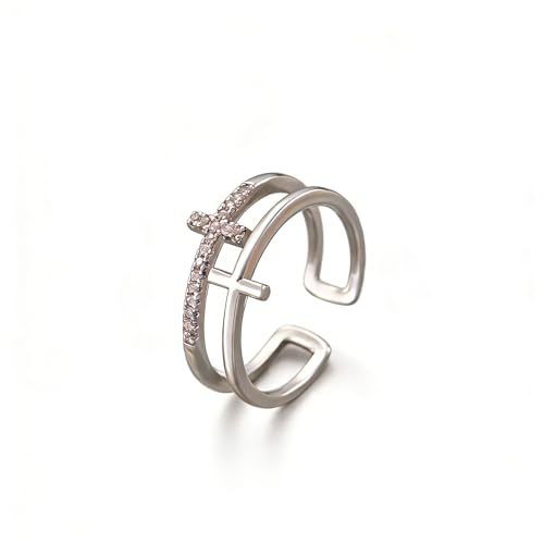 Sora Tuki Gold Cross Rings for Women Silver Adjustable Rings for Women Cubic Zirconia Heart Cross Purity Ring Dainty Stackable Ring for Women Christian Religious Jewelry - color: Silver, style: Double Cross