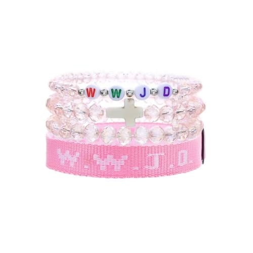 WWJD Bracelets Set WWJD Wristbands Christian Cross Bracelet Stackable Clay Bead Bracelets Stretch Glass Beaded Inspirational Christian Jewelry Gift for Couples Women Men - color: 4 Pcs Pink