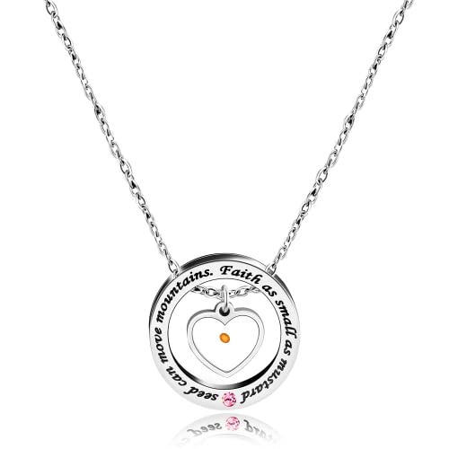 Uloveido Christian Circle Round Ring Necklace Engraved Faith As Small As A Mustard Seed Can Move Mountains Y958 - style: Pink CZ-heart