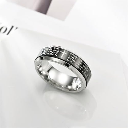 Fidget Spinner Lord's Prayer Ring Titanium Steel Christian Cross Bible Verse Ring, Anxiety Relief Religious Jewelry, Rotatable Prayer Fidget Accessory