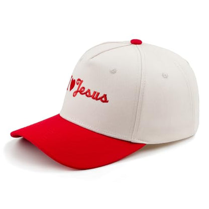 Embroidered Christian Two-Tone Baseball Cap for Men & Women, Adjustable Dad Hat Christmas Easter Gift - color: I Love Jesus Heart, Red/Beige