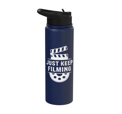 Just Keep Filming Film Industry Video Filmmaker Filming Stainless Steel Insulated Water Bottle - color: Navy Blue