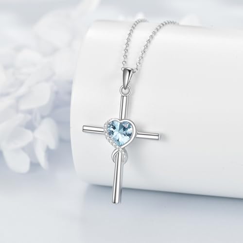 S925 Sterling Silver Cross Necklace for Women Birthstone Necklace Heart Infinity Cross Pendant Necklace Christmas Valentines Day Gifts Birthday Holiday Gifts for Her, 18"+2" Inches - color: 03-Mar Birthstone - Aquamarine