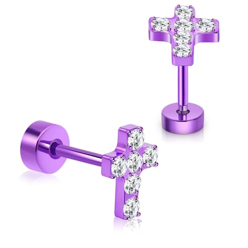 XUU Purple Stud Earrings 20G ASTM F136 Implant-Grade Titanium - color: purple cross