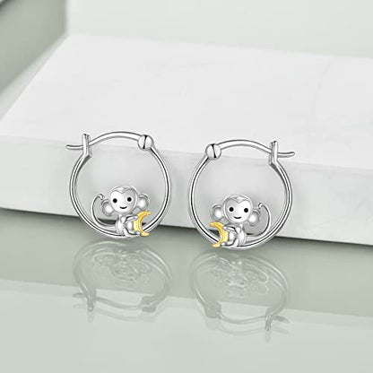 Fox/Pig/Mushroom/Cat Earrings Sterling Silver Cute Hoop Earrings Animal Jewelry Gifts for Women Daughter - style: monkey