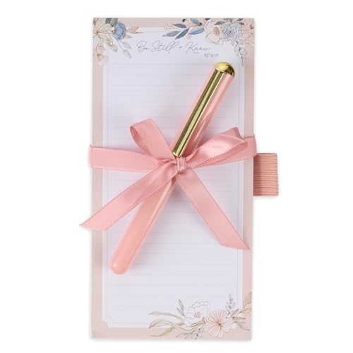 Christian Art Gifts Magnetic Notepad & Pen Set for Women, Be Still & Know - color: Soft Pink Floral/Be Still