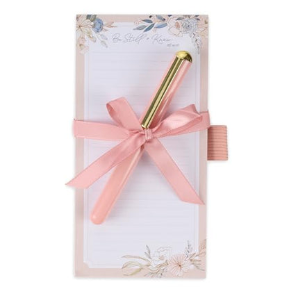 Christian Art Gifts Magnetic Notepad & Pen Set for Women, Be Still & Know - color: Soft Pink Floral/Be Still