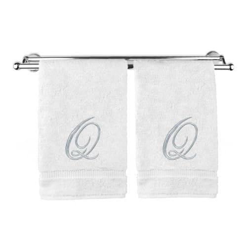 Pretty Monogrammed White Turkish Cotton Bath Hand Towel Set of 2 with Embroidered Silver Script Q | 16"x 30" Soft Terry Finish Extra Absorbent Quick Dry Plush Luxury Bathroom Kitchen Spa Bath Towel