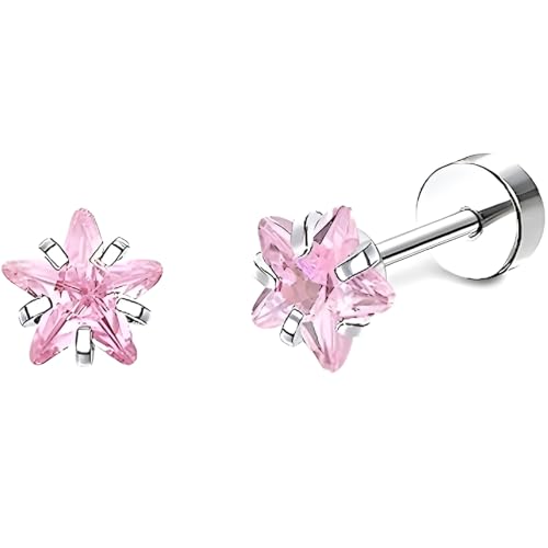 Stainless Steel Stud Earring 1 Pair Silvery Flatback Earrings Hypoallergenic Screwback Jewellery Flat Back Helix Jewelry for Sensitive Ears Women Ladies Aretes De Mujer - style: Pentagram-Pink Zircon