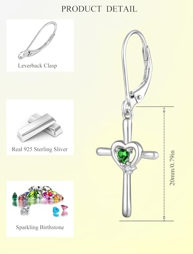 Cross Earrings 925 Sterling Silver Opal Crucifix Dangle Drop Earring Heart Birthstone Religious Jewelry for Women - color: 05-emerald-May