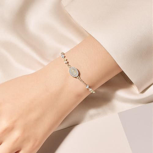 Rosary Cross Bracelet for Women, Virgin Mary Gold Silver Rose Gold 4mm Rosary Beads Catholic Bracelet - color: Gold-Silver-Rose Gold