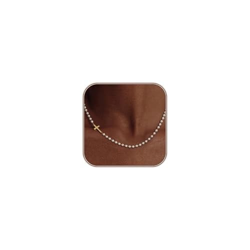 Airmb Cross Necklace for Women Choker 14K Gold/925 Silver Plated Dainty Choker Small Cross Pendant Trendy Cute Cross Charm Delicate Necklace Hypoallergenic Faith Jewelry Religious Gifts for Women - color: Sideways Cross-Pearl Chain-Gold