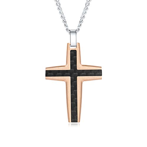 Men's Stainless Steel Cross Necklace,Two-Tone Black & Blue Carbon Fiber Pendant - Included Gift Box - style: Black & Rose Gold XL001