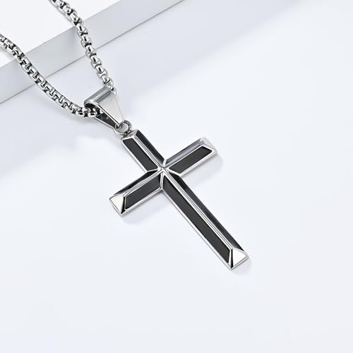 Cross Necklace for Men,Stainless Steel Christian Pendant Jewelry - color: A-black-60cm chain
