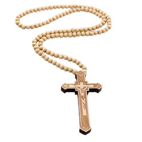 DATOA Religious Wooden Cross Large Big Jesus Crucifix Pendant Natural Wood Natural Rosary Colorful Beads Chain Necklace Christian Prayer Baptism Jewelry Easter Gift For Men Women - color: Yellow