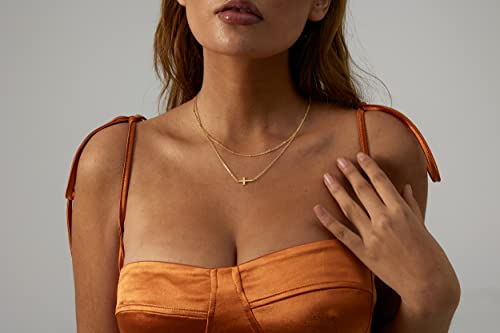 VIROMY Gold Cross Necklace for Women 14K Gold Plated Cute Sidways Cross Pendant Choker Necklaces Simple Trendy Everyday Jewelry for Women - style: Layered Sideways Cross-38/42CM-Gold