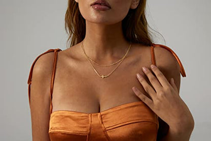 VIROMY Gold Cross Necklace for Women 14K Gold Plated Cute Sidways Cross Pendant Choker Necklaces Simple Trendy Everyday Jewelry for Women - style: Layered Sideways Cross-38/42CM-Gold