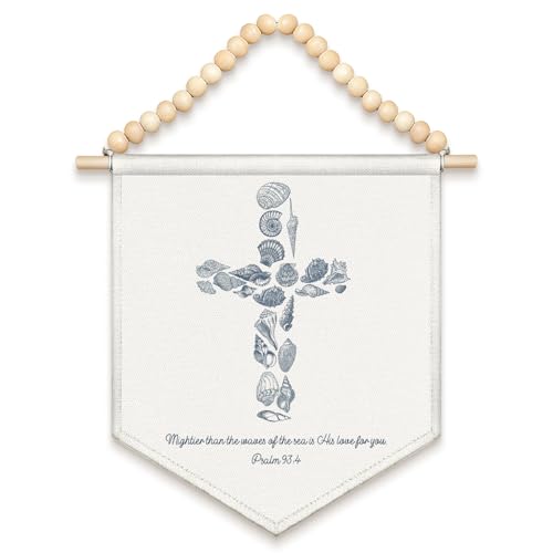 LIANGW Bible Verses Wall Decor, Coastal Bible Verse,Christian Seashell Canvas Banner, Boho Wood Beads Psalm 93:4 Wall Art Decor Hanging Pennant Flag for Living Room,Home,Office,Bedroom,Dorm,13x11 - color: 02- Christian Seashell(Coastal 1)