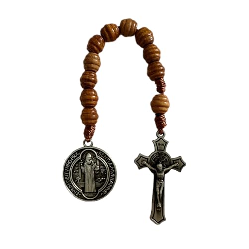 Bovemee Saint Benedict Medal Prayer Pocket Rosary Catholic Brown Wood Beads with Medalla de san benitol and Crucifix, 9 Inch - color: Antique Silver