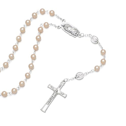 KOMI 6mm Glass Pearl Rosary Beads Catholic for Women with Metal Rosary Box Religious Gifts - style: Guadalupe-pink