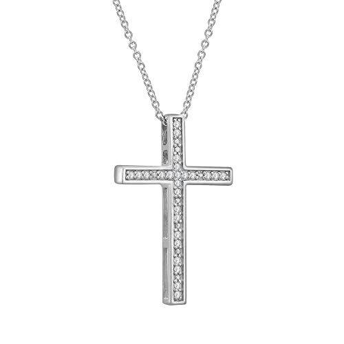 Timeless Love 925 Sterling Silver Classic Cross Necklace with 1/10 CTW Natural Round Diamond, 18 in Pendant Chain, Spring Ring Clasp, for Women, Meaninful Faith Gift