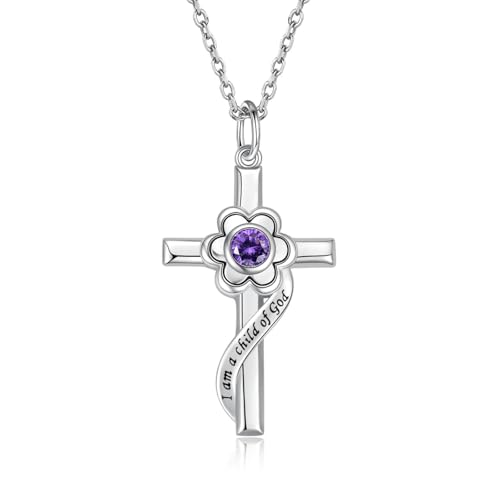 I am a Child of God Necklace - 925 Sterling Silver Birthstone Flower Cross Pendant Religious Jewelry Baptism First Communion Confirmation Gifts for Girls - style: Jun