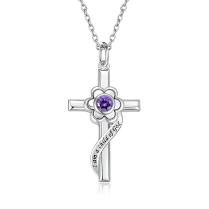 I am a Child of God Necklace - 925 Sterling Silver Birthstone Flower Cross Pendant Religious Jewelry Baptism First Communion Confirmation Gifts for Girls - style: Jun