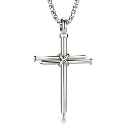 Men's Nail Cross Crucifix Necklace, Stainless Steel Nail Cross Pendant with 24 Inch Box Chain, Silver/Gold/Black Religious Christian Jewelry Gift for Baptism Father's Day Birthday - color: Silver