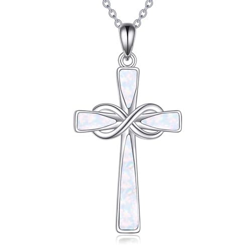 Infinity Cross Necklace S925 Sterling Silver Turquoise/Wooden/Opal/Abalone Cross Pendant Necklaces Christian Jewelry Gifts For Women - style: Opal