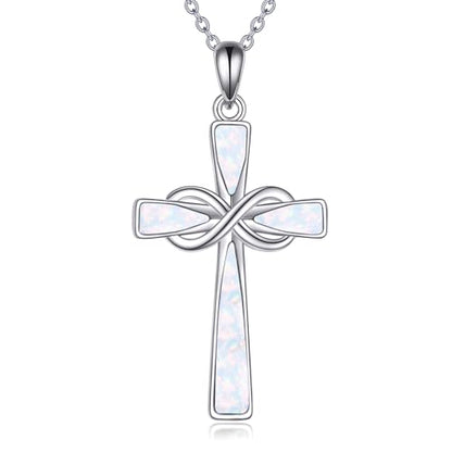 Infinity Cross Necklace S925 Sterling Silver Turquoise/Wooden/Opal/Abalone Cross Pendant Necklaces Christian Jewelry Gifts For Women - style: Opal