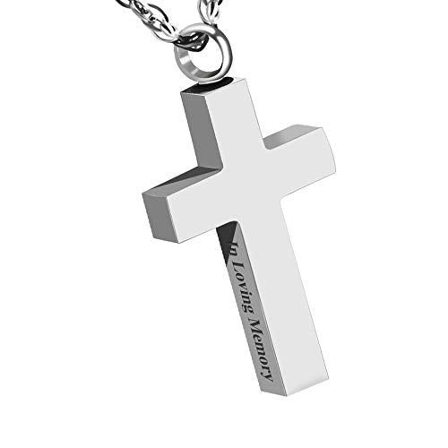 Cremation Cross Necklace for Ashes Stainless Steel Cross Urn Necklace Ashes Holder Memorial Jewelry-In Loving Memory - color: Silver, style: Non-customize