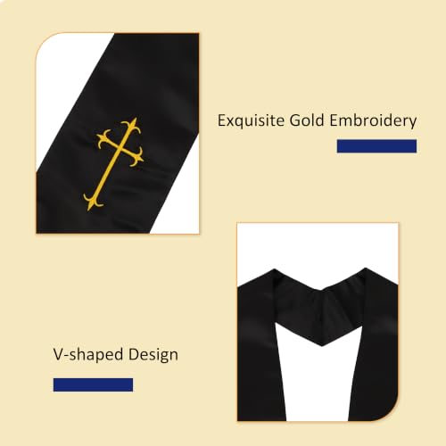 Clergy Stole, Choir Stole with Cross Embroidery 60'' - color: Black